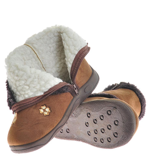 Brązowe kapcie na suwak z futerkiem /E5-1 10276 S095/