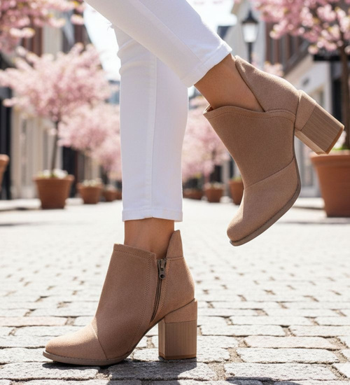 Botki damskie na szerokim słupku Khaki /D1-2 +H2 7050 T198/ 