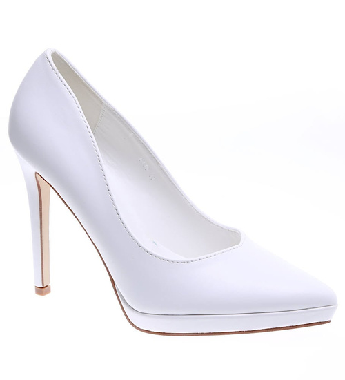 Białe czółenka damskie na szpilce i niskiej platformie /F5-3 15860 T155/
