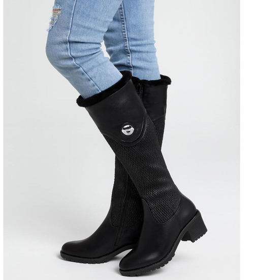 Ocieplane czarne kozaki na klocku /E2-1 +h2 12747 T126/