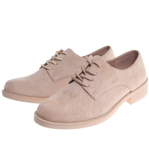 Beżowe baleriny damskie zamszowe oxfordy /J4-2 18621 W177/