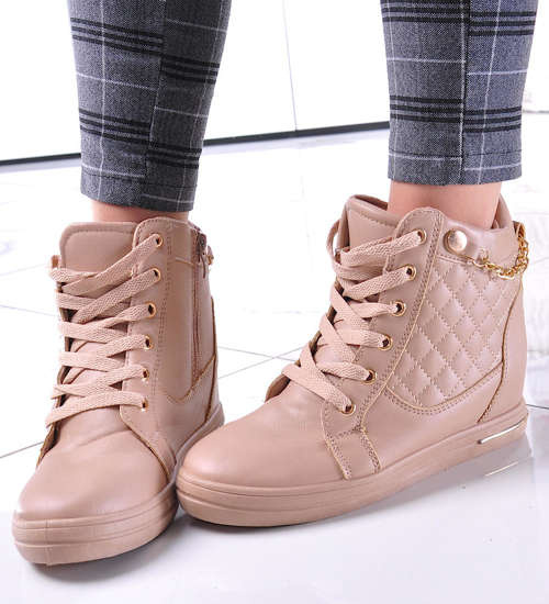 Beżowe sneakersy damskie na koturnie /F8-3 12771 T796/