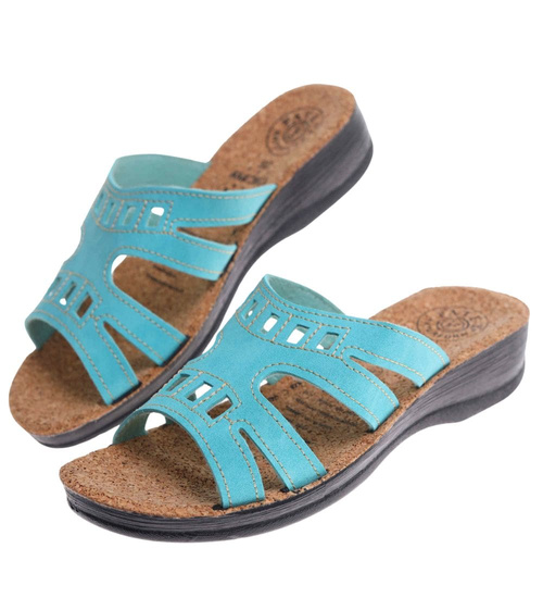 Turkusowe klapki na niskim obcasie /H2 14310 T005/