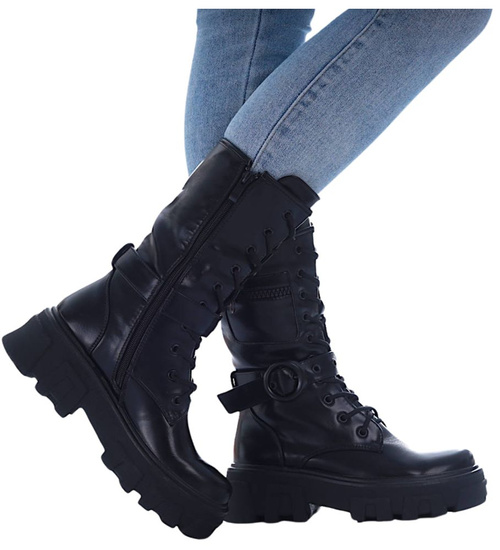 Wiązane glany trapery na platformie Czarne /B3-1 17018 T312/