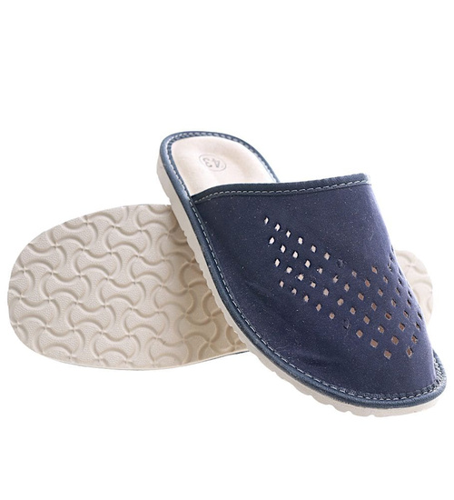 Męskie domowe kapcie ze skóry zamszowej Granatowe /G1-1 7892 S195/