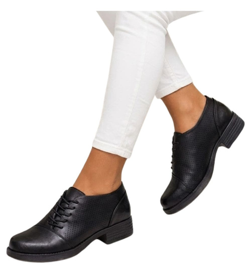 Czarne ażurowe damskie półbuty trzewiki /E10-2 16237 G189/