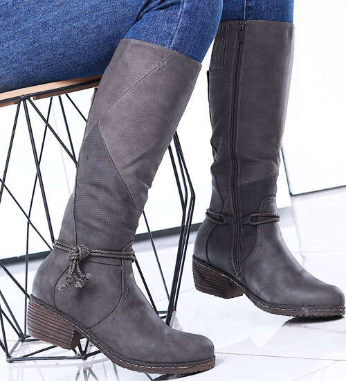 Ocieplane szare kozaki damskie na niskim obcasie /E8-3 15379 T436/ Ocieplane szare kozaki damskie na niskim obcasie /E8-3 15379 T436/