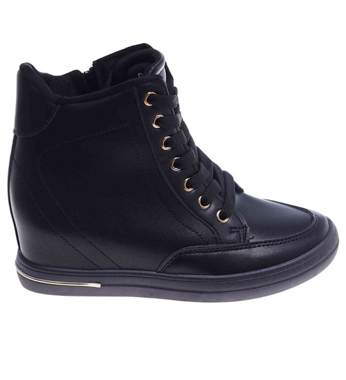 Czarne klasyczne sneakersy damskie na koturnie /F8-3 12818 T492/