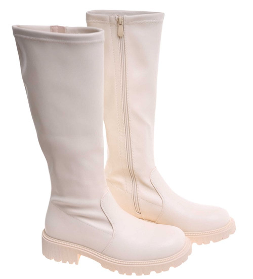 Beżowe kozaki damskie z suwakiem /D8-3 18134 T397/