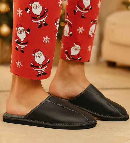 Skórzane kapcie męskie z wełną Szare /D8-1 18467 S197/