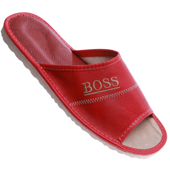 Skórzane męskie klapki domowe BOSS Czerwone /B5-1 17323 S199/