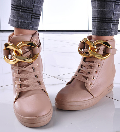 Beżowe sneakersy damskie na koturnie /F7-2 12802 T891/