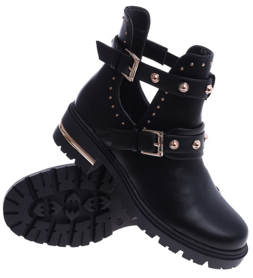 Wycięte czarne botki damskie na niskim obcasie /C3-2 14835 T422/