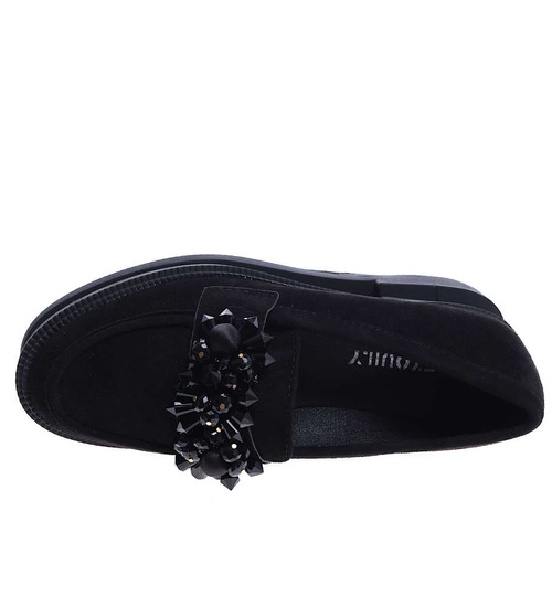 Czarne loafersy damskie z błyszczącymi kamieniami /F3-2 14619 T6/