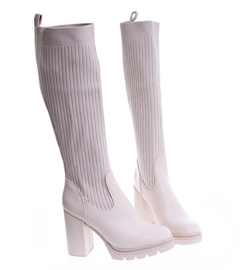 Kozaki damskie beżowe skarpeta /F3-1 15148 S596/