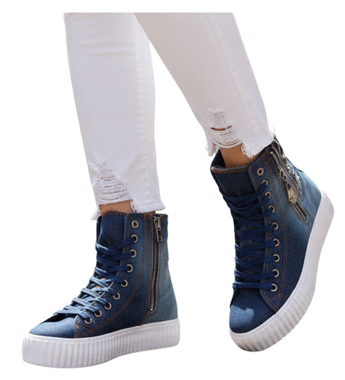 Jeansowe trampki na platformie Granatowe /A3-2 14830 T293/