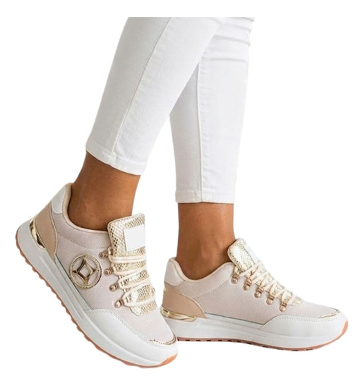 Sznurowane damskie buty sportowe Beżowe /D7-3 12348 T697/