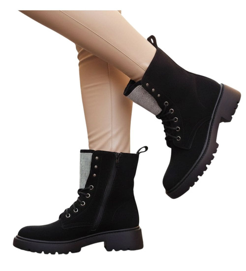 Zimowe botki trapery czarne z cyrkoniami /B2-1 18559 W440/