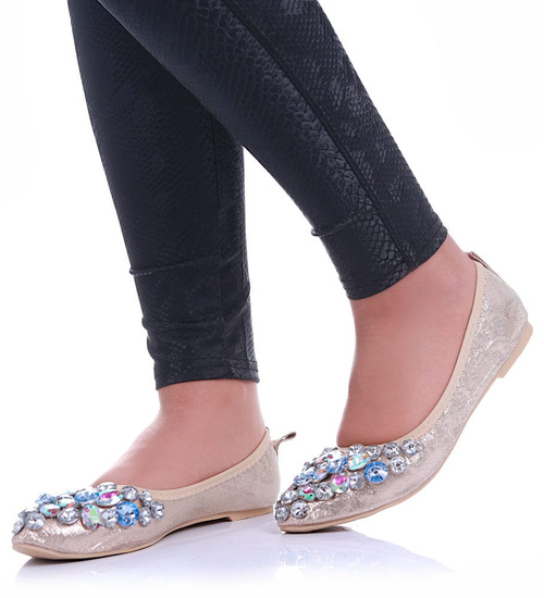 Złote baletki damskie z kamieniami /C7-2 13040T595/