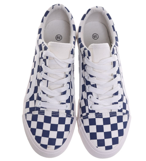 Sznurowane trampki damskie w granatową kratę ost513