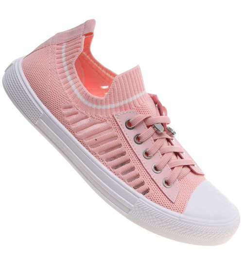 Ażurowe pastelowe trampki damskie slip on Różowe /K3-1 18748 T171/