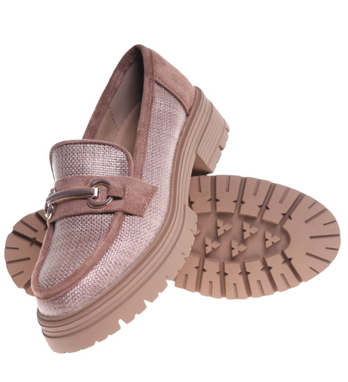 Półbuty loafersy damskie na platformie Khaki /K3-2 18619 W142/
