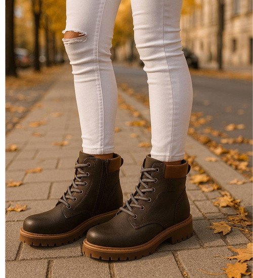 Sznurowane ocieplane botki trapery Zielone /F4-2 18276 W432/