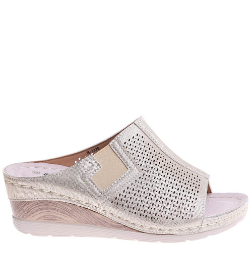 Złote damskie klapki na koturnie i platformie /D7-3 16118 S431/