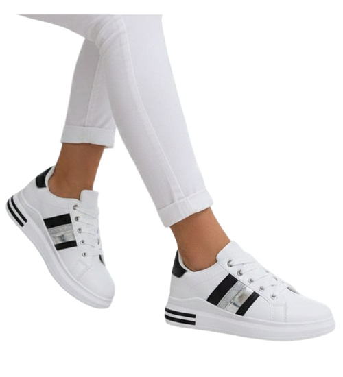 Białe sznurowane damskie trampki z pasami /F2-3 15166 T309/