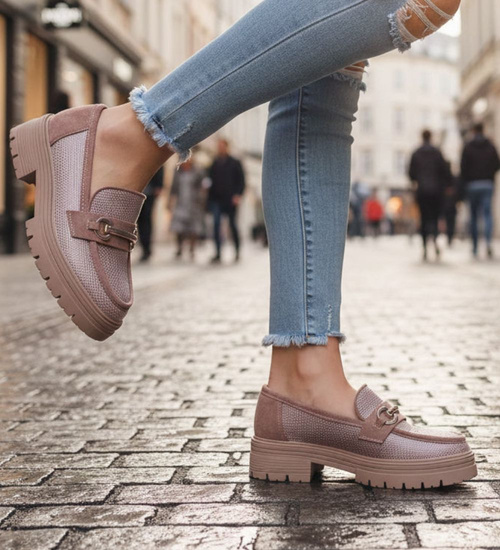 Półbuty loafersy damskie na platformie Khaki /K3-2 18619 W142/