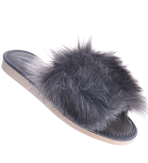 Szare damskie klapki z kudłatym futerkiem Premium /A10-1 11321 S292/