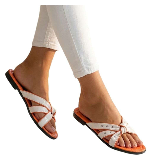 Pomarańczowo białe klapki na płaskim obcasie /H2 14339 T005/