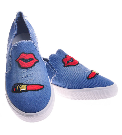 Granatowe tenisówki damskie slip'on z naszywkami /C3-3 11841 T198/