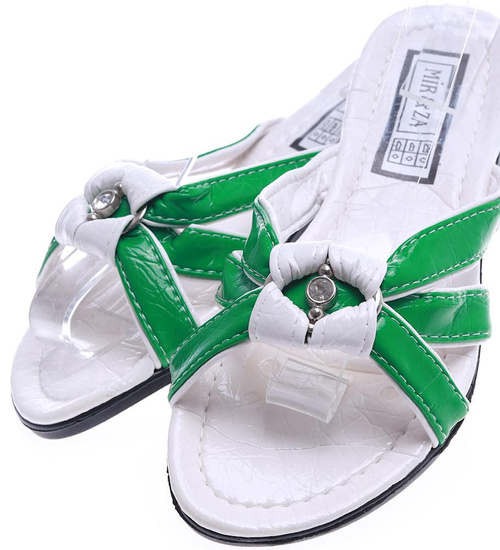 Klapki damskie na płaskim obcasie biało zielone /H2 14343 T005/