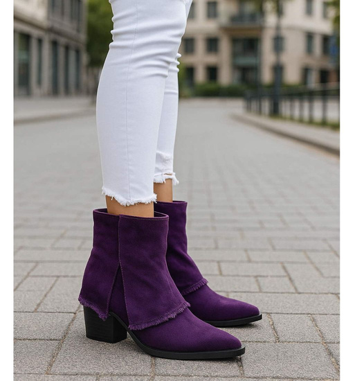 Fioletowe botki damskie na obcasie słupku /G2-2 18218 W234/