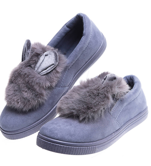 Wsuwane ciemno szare zamszowe trampki z uszami slip on /F9-2 15625 T037/