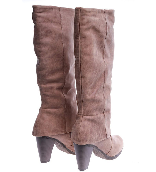 Skórzane kozaki damskie na słupku Khaki /H2 A2-1 SR585/