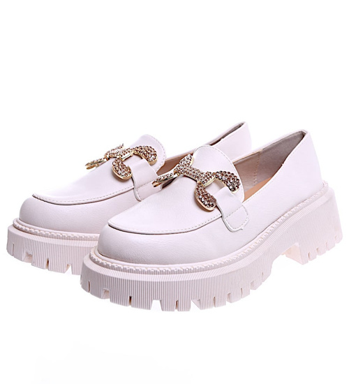 Beżowe wiosenne loafersy damskie półbuty na platformie /E8-1 15486 T336/