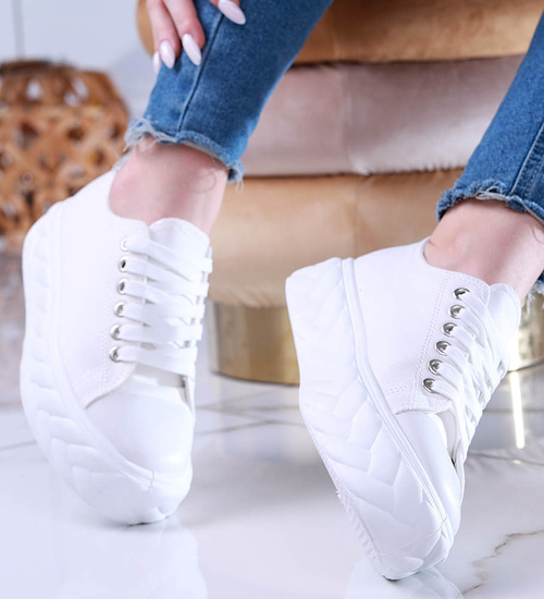 Białe materiałowe damskie trampki na platformie /G12-2 13880 S3/