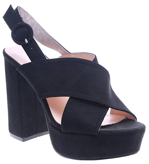 Czarne sandały damskie na obcasie i platformie /G7-2 14381 T360/