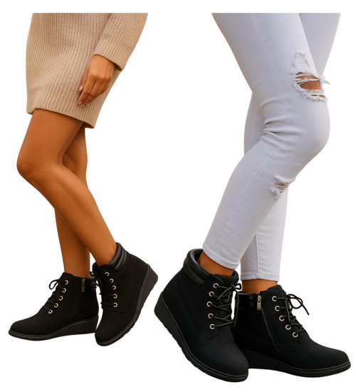 Czarne sznurowane botki na niskim koturnie /C5-2+H2 16626 T7-38/