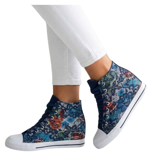 Wysokie sznurowane trampki na niskim koturnie Flower Blue /F1-2 8087 S190/