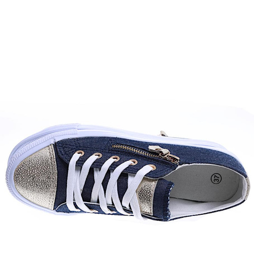 Sznurowane granatowe trampki ze złotymi noskami /F10-3 15805  T133/