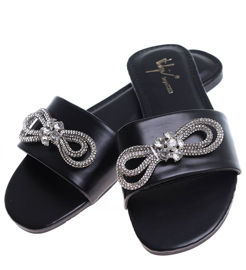 Czarne płaskie klapki damskie z kokardą /B6-2 16165 T139/