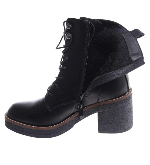 Sznurowane botki workery na obcasie Czarne /i6-3 h2 18406 W385/