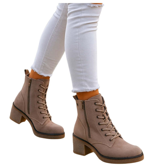 Damskie wiązane botki na obcasie Khaki /F2-1 18232 W431/