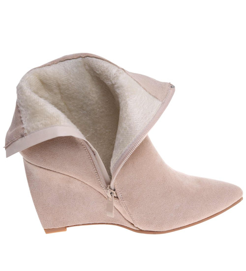 Beżowe ocieplane botki na koturnie /D8-1 18616 T248/