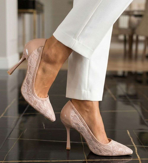 Cieliste szpilki buty damskie koronkowe do biura /G11-3 15909A T283/