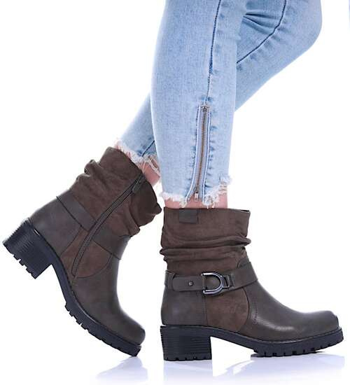 Oliwkowe botki z ociepleniem na niskim obcasie /E8-3 17039 G388/