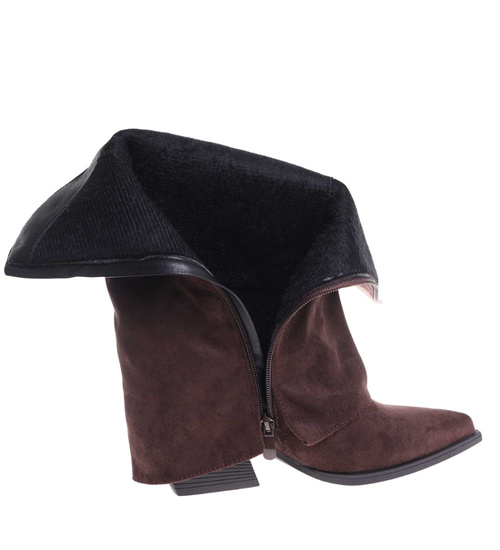 Krótkie czekoladowe kozaki boho na obcasie /B7-1 18580 G688/